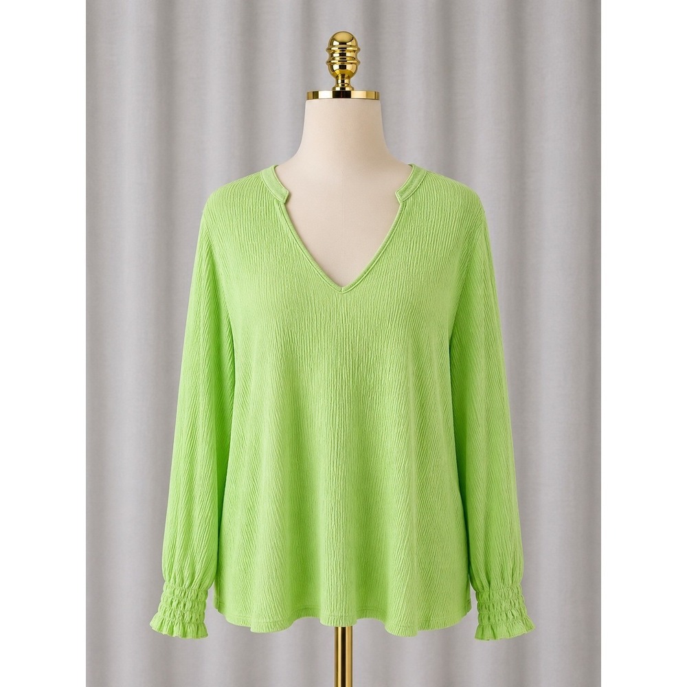 Belle‎ Kim Gravel Packabelle Peasant Top Green Split V-Neck Smocked Size Small